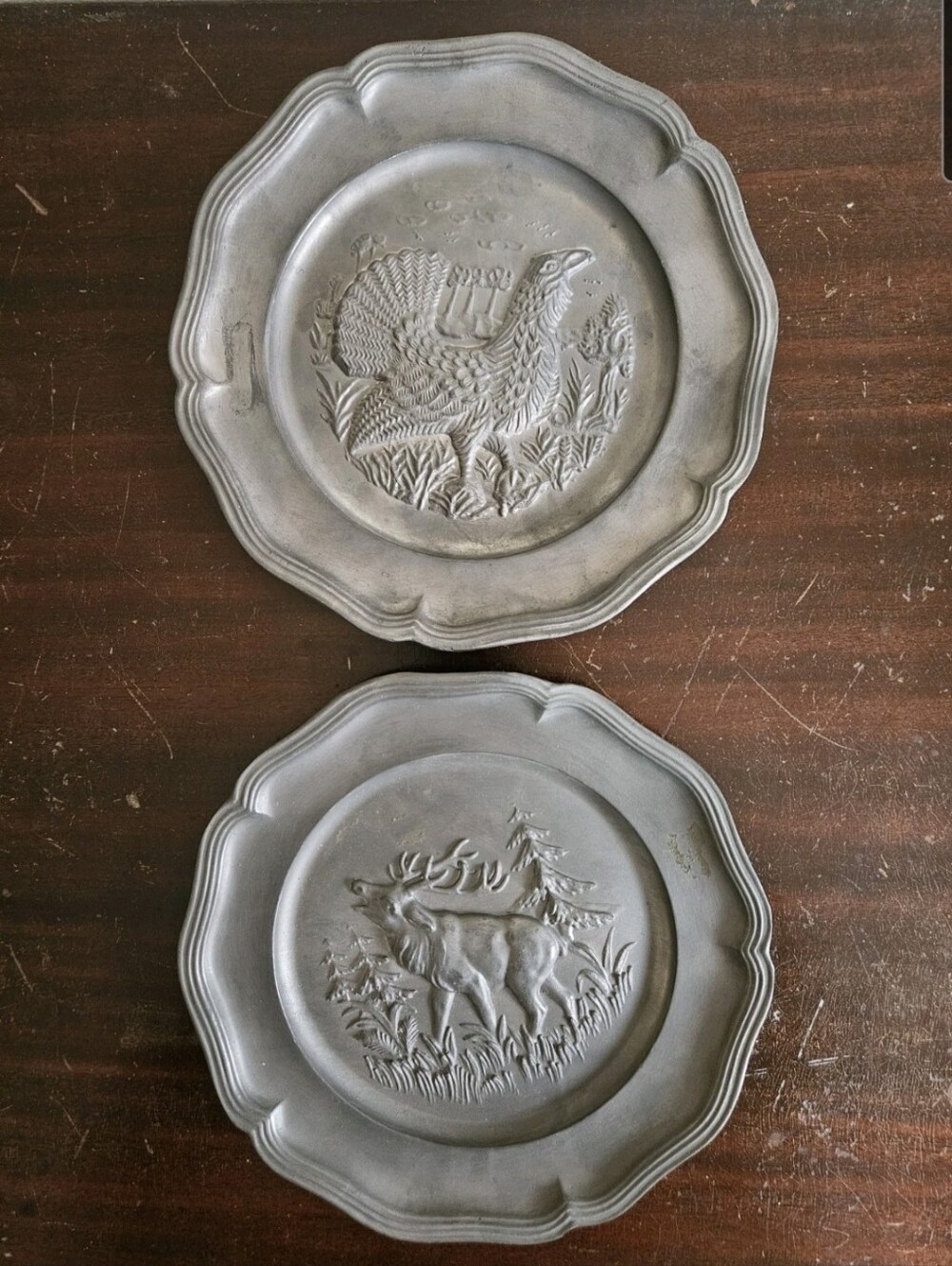Vintage German Pewter Wall Plates Lot Of 2 3D Relief Hunting Stag Grouse Lodge